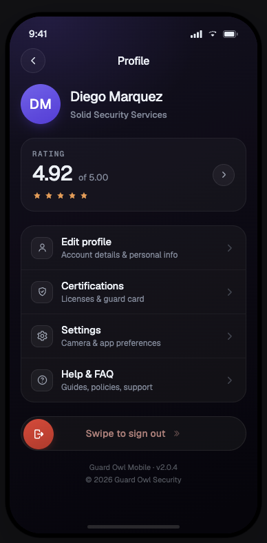 Guard Owl app - performance view with overall rating, completion, punctuality and report quality scores