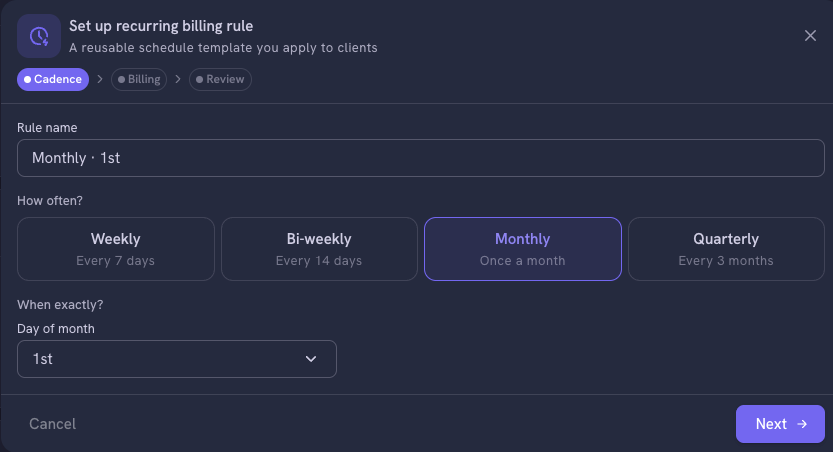 Guard Owl Security Portal - Set up recurring billing rule with cadence, billing and review steps, a rule name of Monthly on the 1st and weekly, bi-weekly, monthly and quarterly options