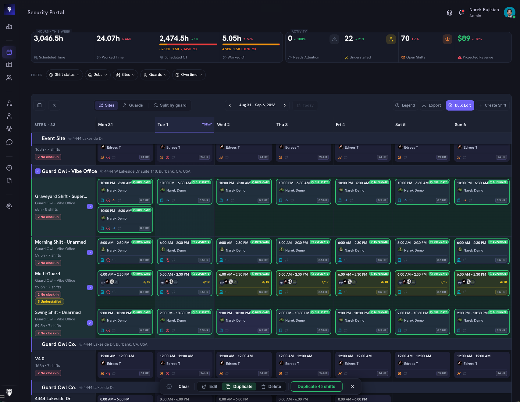 Guard Owl scheduling - bulk edit across a full week with duplicate selected