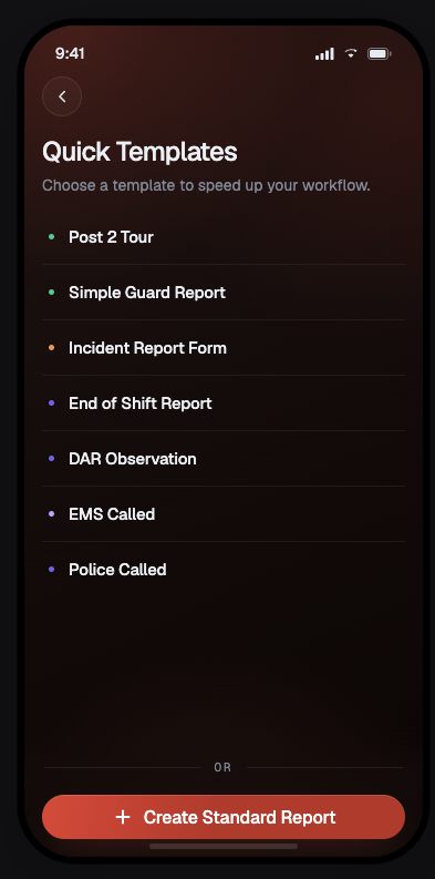 Guard Owl guard app - quick report templates including DAR, incident and end of shift