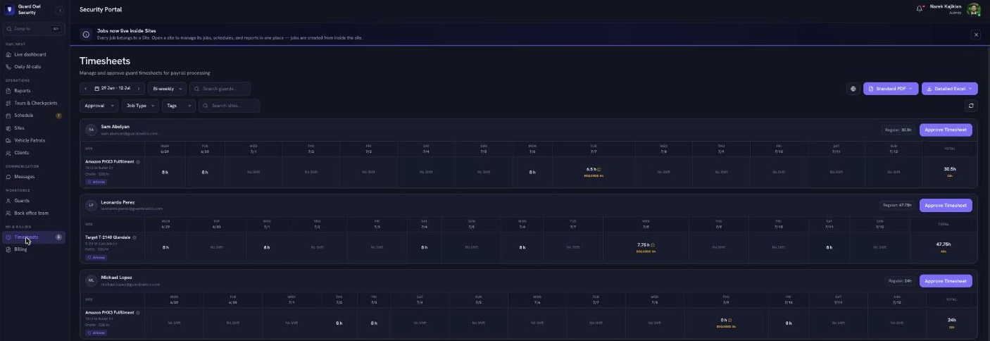 Guard Owl Security Portal - Timesheets page with per-guard bi-weekly hours by site and day, regular hour totals and Approve Timesheet actions